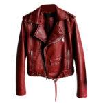 Women’s Red Biker Belted Crossover Leather Jacket 1