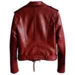 Women’s Red Biker Belted Crossover Leather Jacket 1