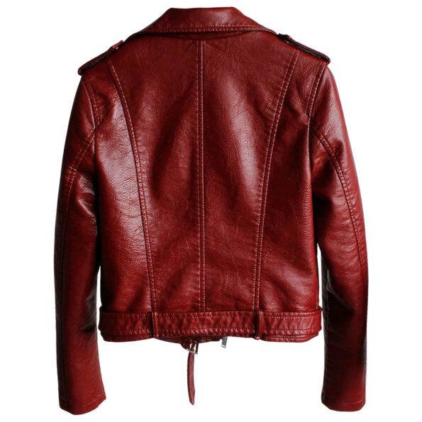 Women’s Red Biker Belted Crossover Leather Jacket 2