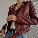 Women’s Red Biker Belted Crossover Leather Jacket 1