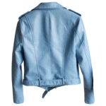 Women’s Sky Blue Asymmetric Belted Leather Jacket 1