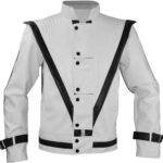 Men’s White Quilted Shoulders Black Strips Leather Jacket
